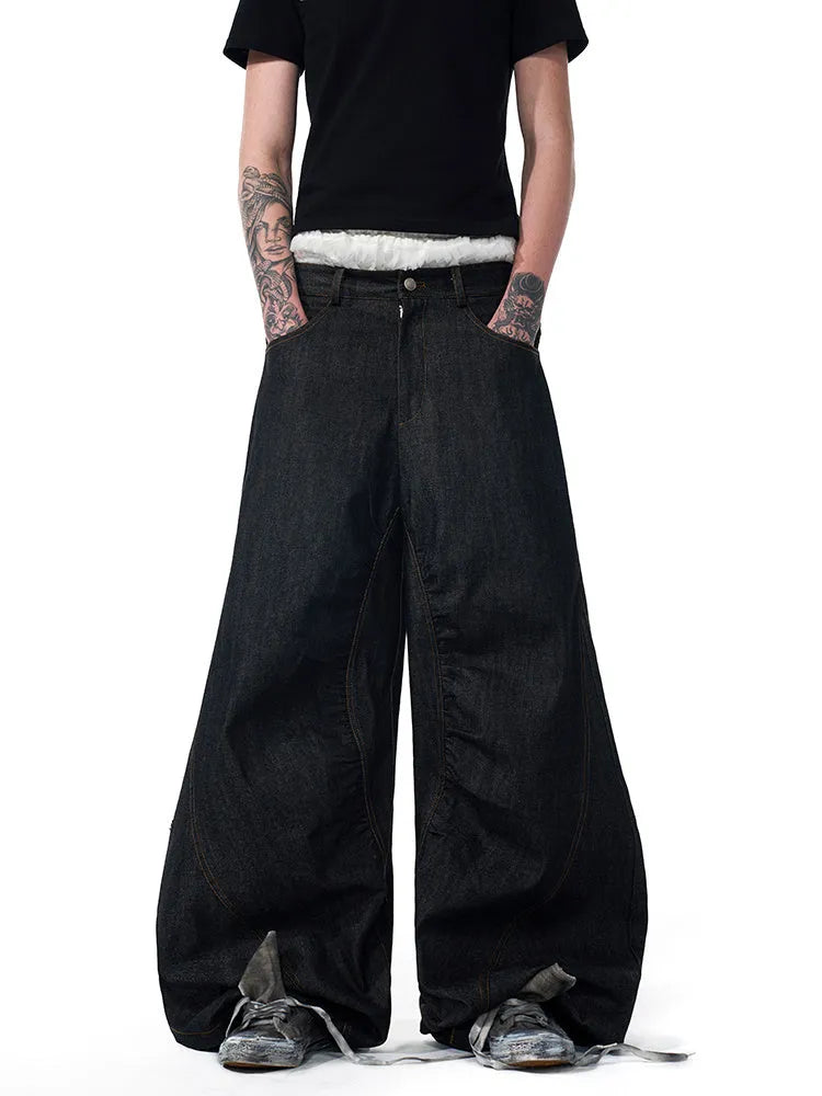 Temperature-Sensitive Color-Changing Embroidered Red Ear Jeans Wide Leg Pants Loose Straight Cotton Denim in Black Available in Sizes S M L XL for Women Asian Sizing
