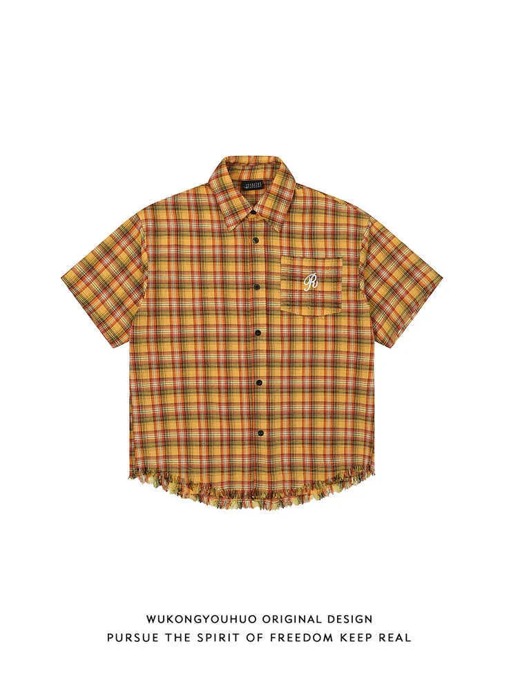 Yellow check patterned short sleeve plaid shirt with embroidered chest pocket detail
