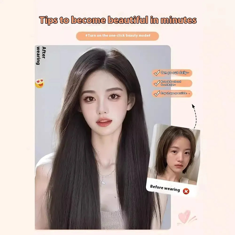 Forehead lace long straight full-head wig in dark brown with side bangs on a mannequin head