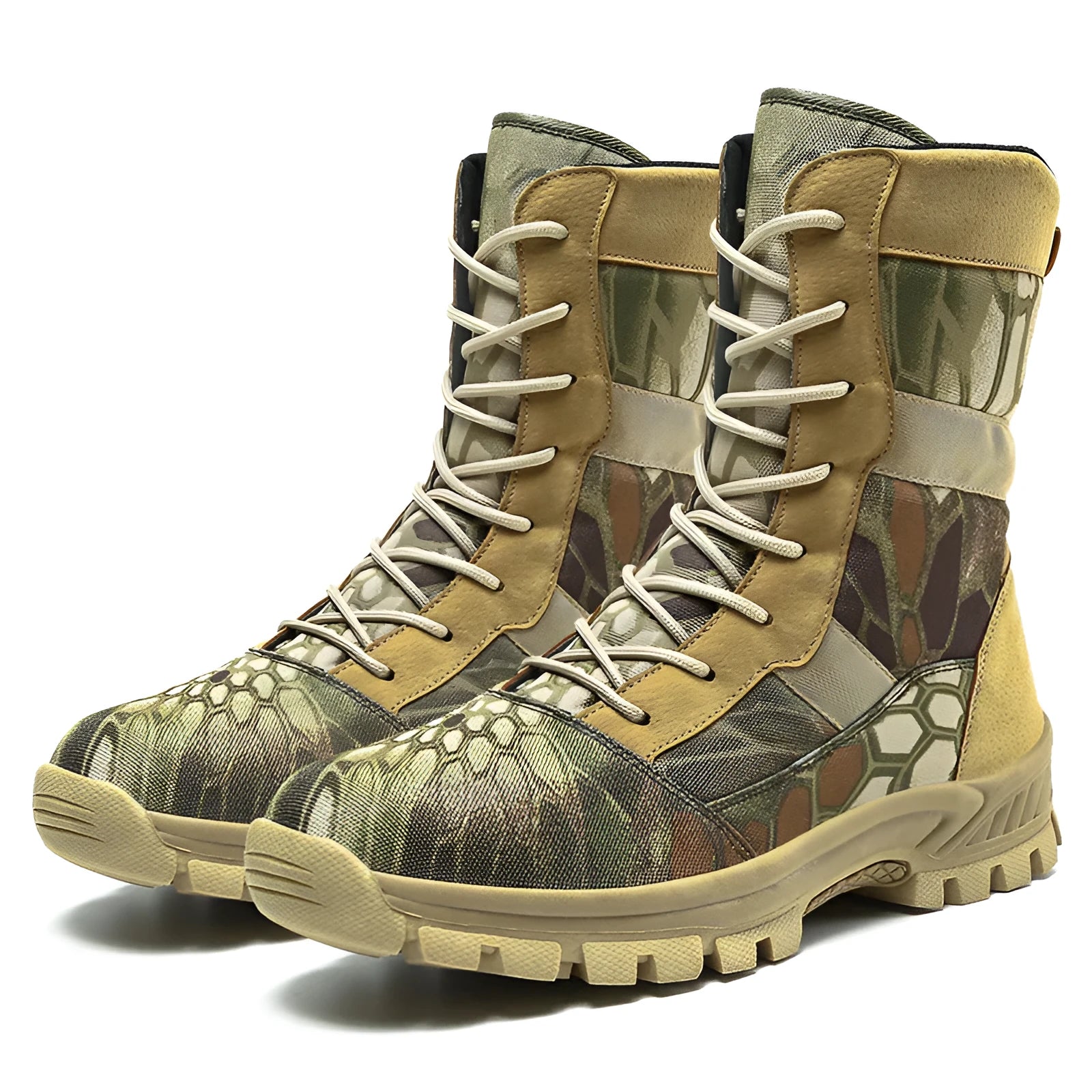 Plus size men's high-top Martin boots in black or camouflage colour with mesh upper and totem decoration