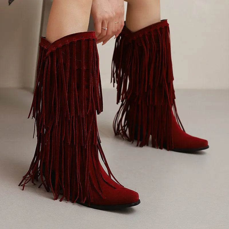 Women's suede high boots with tassels, a chunky heel, and a waterproof platform in beige.