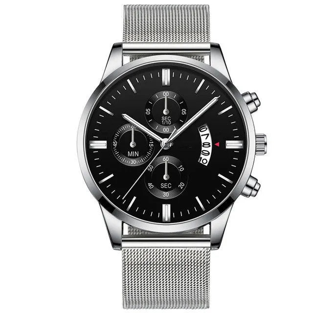 Men's stainless steel business watch with mesh band and analogue display in multiple colour options