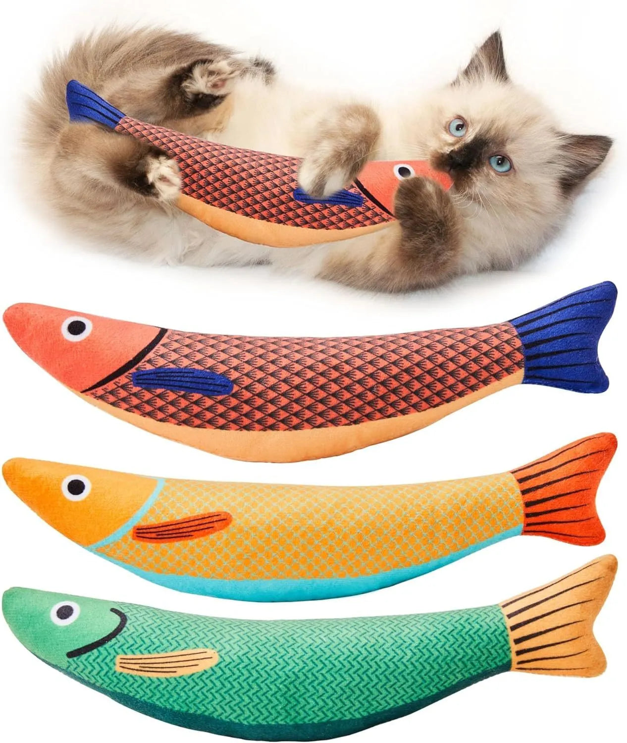 Soft green plush fish-shaped cat kicker toy with organic catnip filling on a neutral background