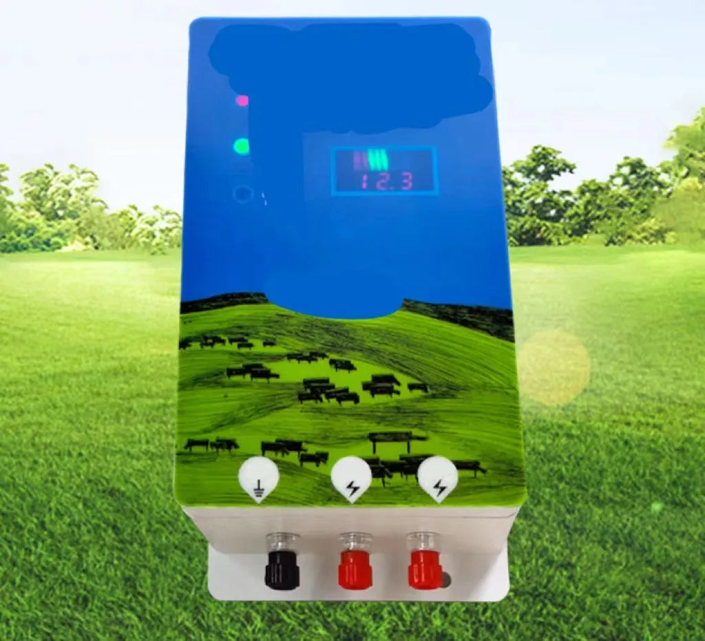 Pasture electronic host unit for high voltage pulse livestock fence system with charger and alarm components.