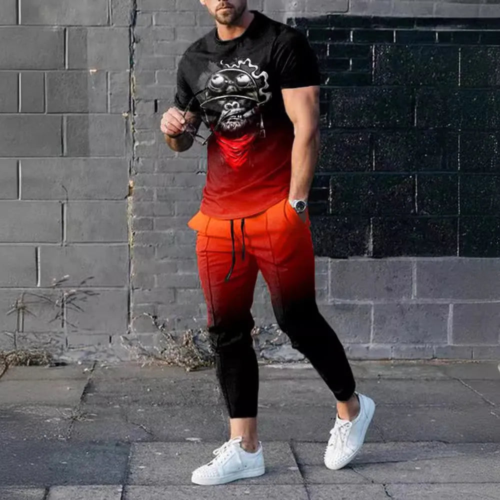 Men's thin short sleeve round neck pullover and matching trousers set in a solid colour