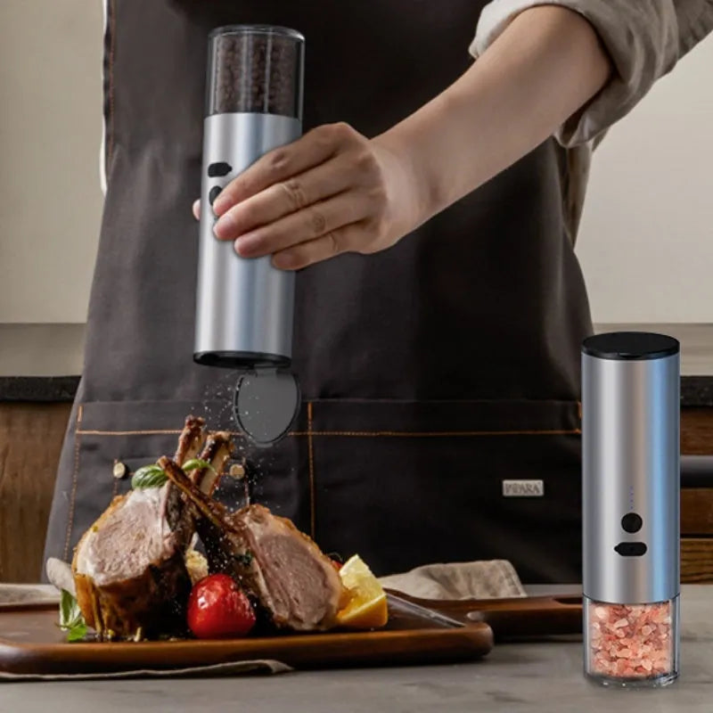 White electric salt and pepper grinder set with LED light and USB charging base