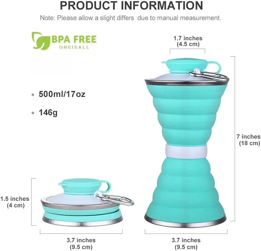 500ml collapsible silicone water bottle in light green, folded and unfolded, with connective rope