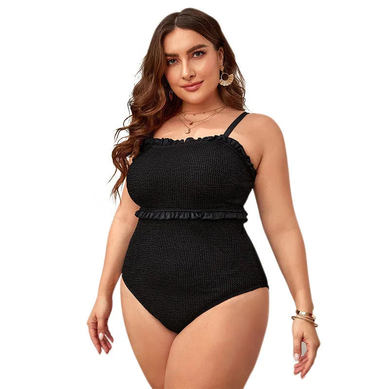 Black plus size triangle bikini swimsuit with double shoulder straps and cover belly design.
