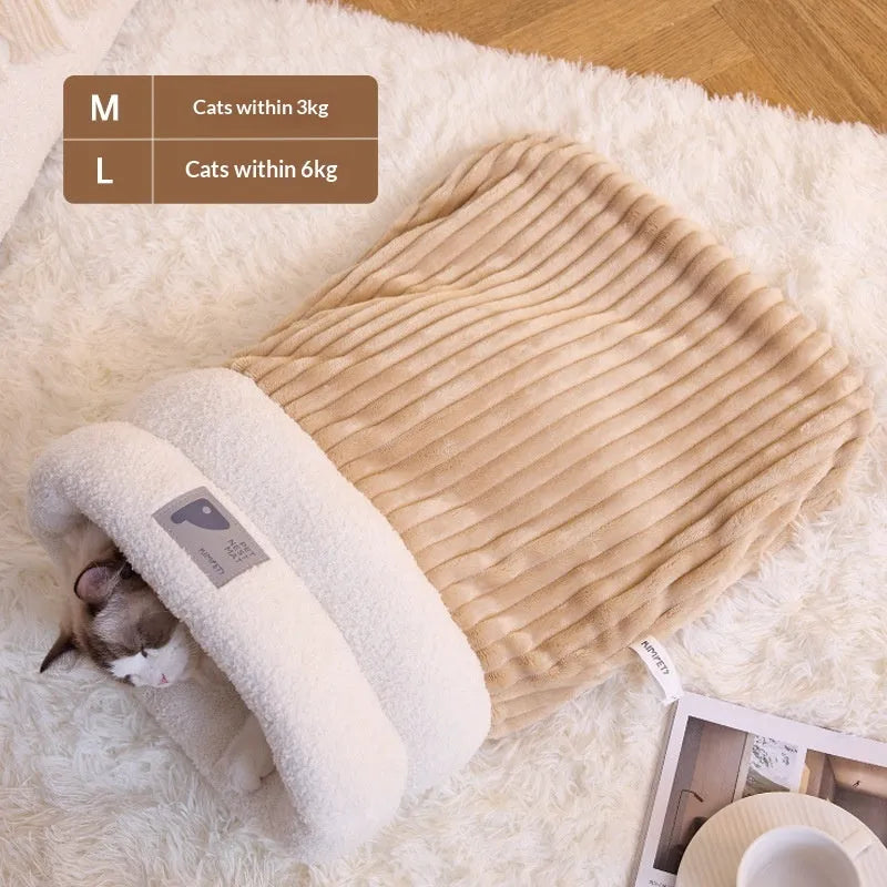 Personalised warm cat bed sleeping bag in cotton fleece, corduroy, and lamb fleece, available in beige and brown colours