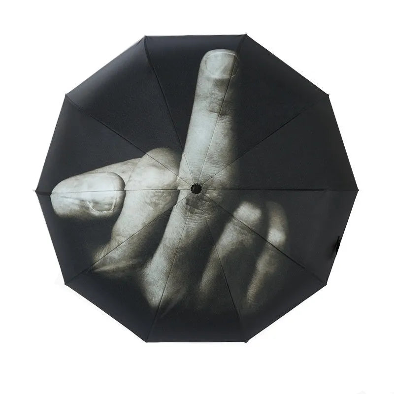 Folding umbrella automatic eccentric tri-fold design with iron frame and NC fabric cover, 8 ribs, plastic handle