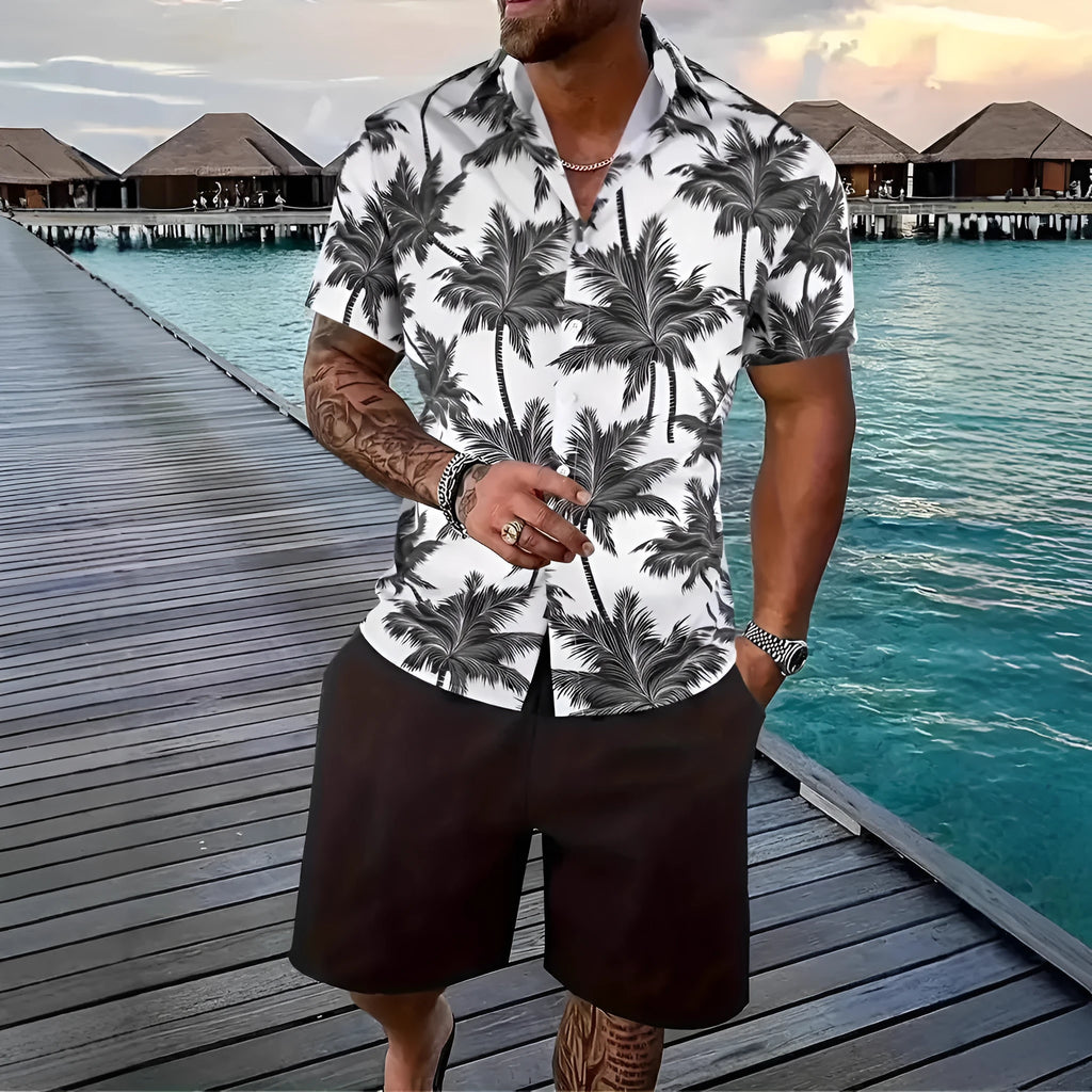 Men's Hawaiian print short sleeve suit with matching shorts, shown in available colours