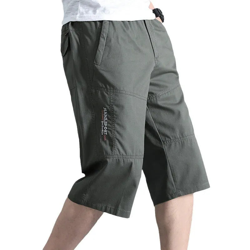 Men's cotton loose straight-leg sports pants in army green, cropped length, summer casual wear