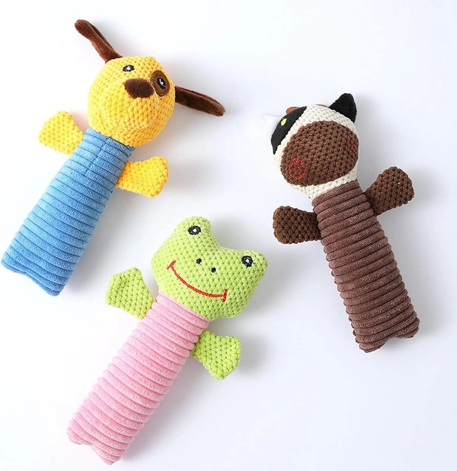 Squeaky plush dog chew toy in animal shapes for dental cleaning and teething relief