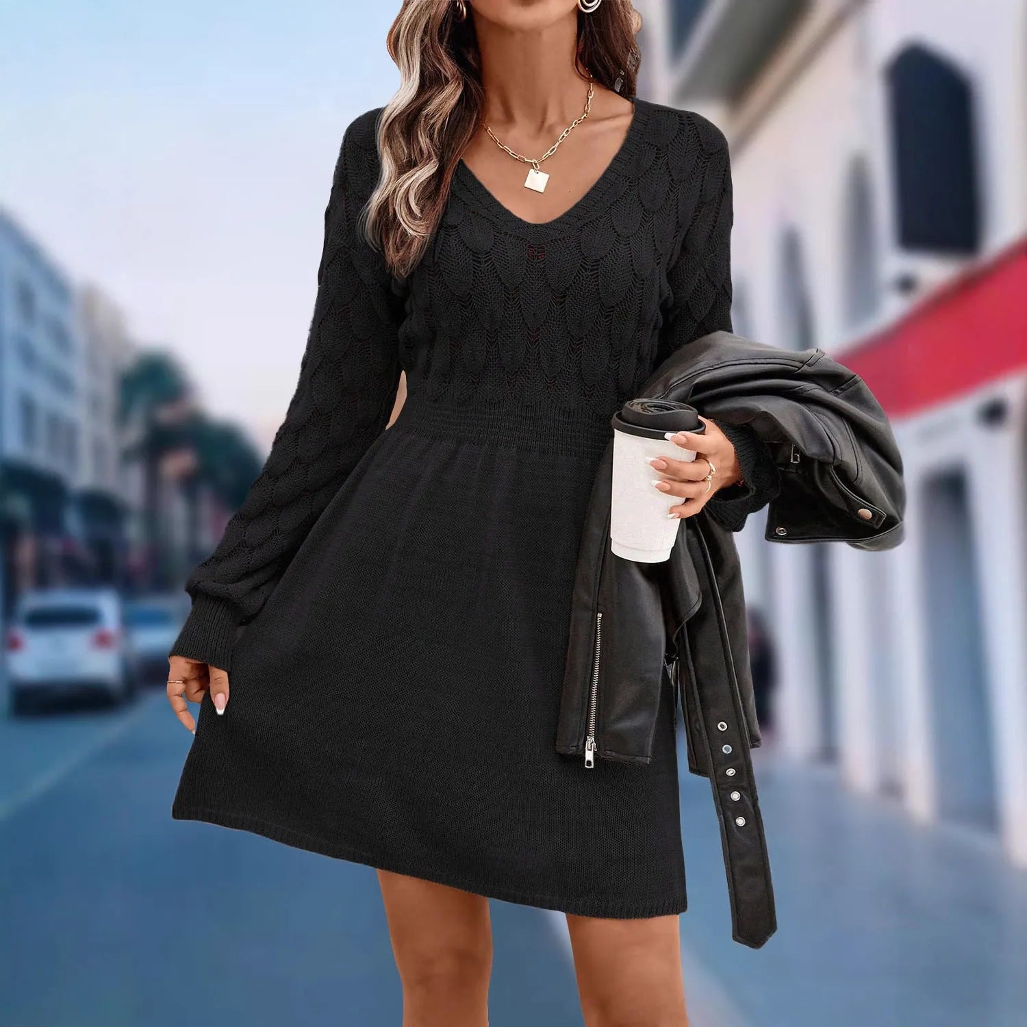 Women's long sleeve V-neck dress in an artistic retro style with a 3D pattern.
