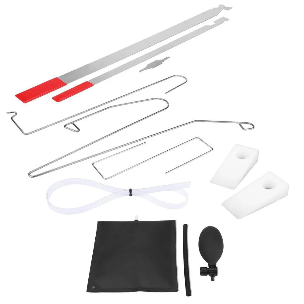 Automotive maintenance tools 9-piece set with air pump wedge, plastic wedges, hooks, and crowbars