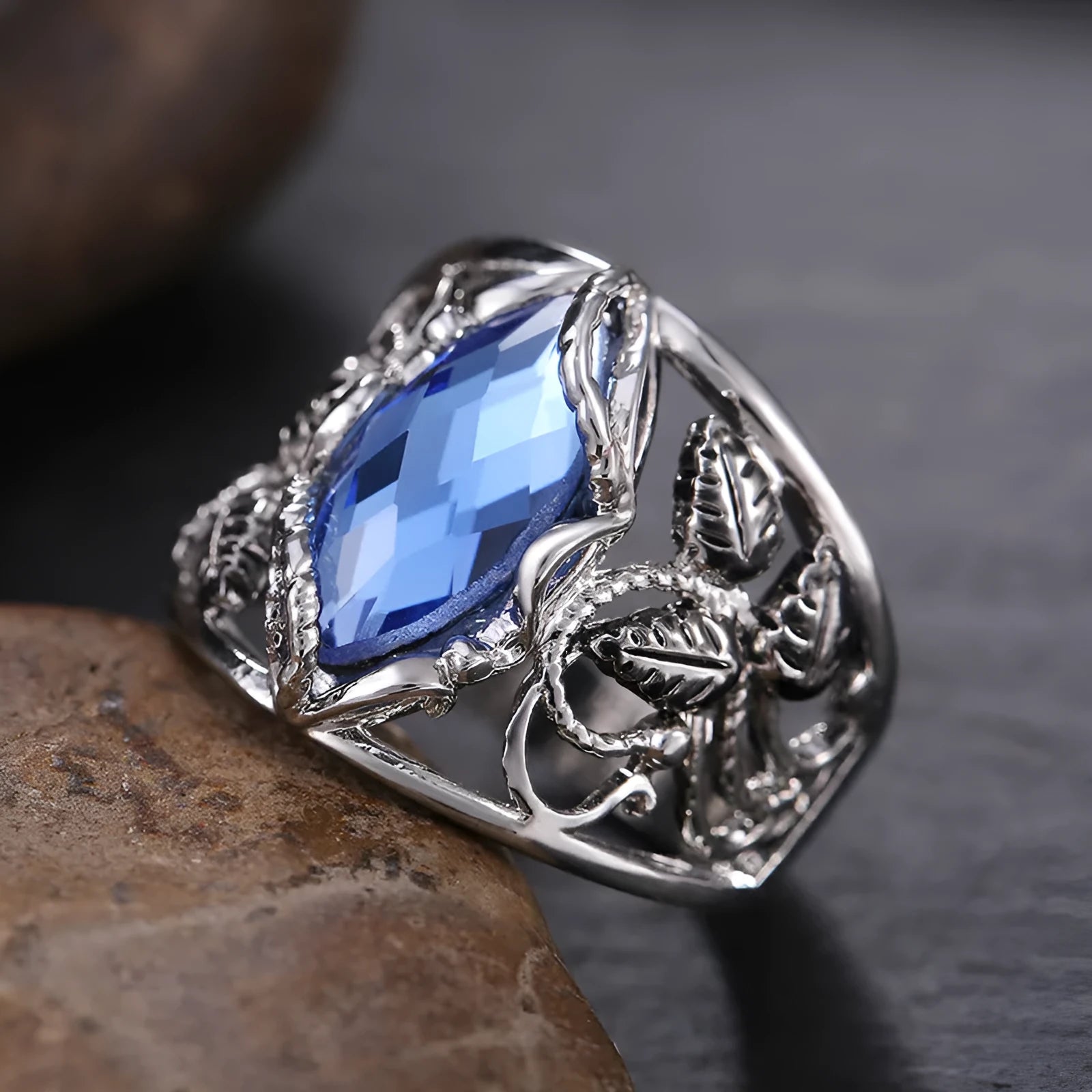 Blue F203 crystal inlay ring for women in alloy geometric horse eye shape, sizes 6 to 10