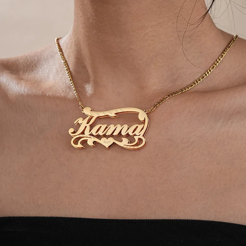 Double-layer wave heart necklace in gold and silver finishes, stainless steel, customisable with name or text