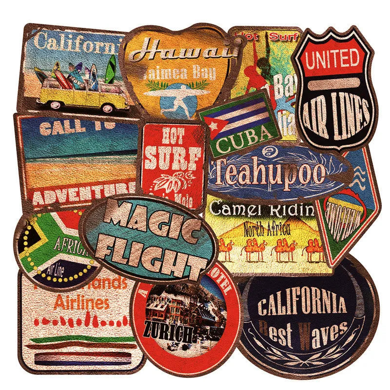 Set of 36 vintage surf and beach themed vinyl stickers in sizes from 6 to 10 centimetres.
