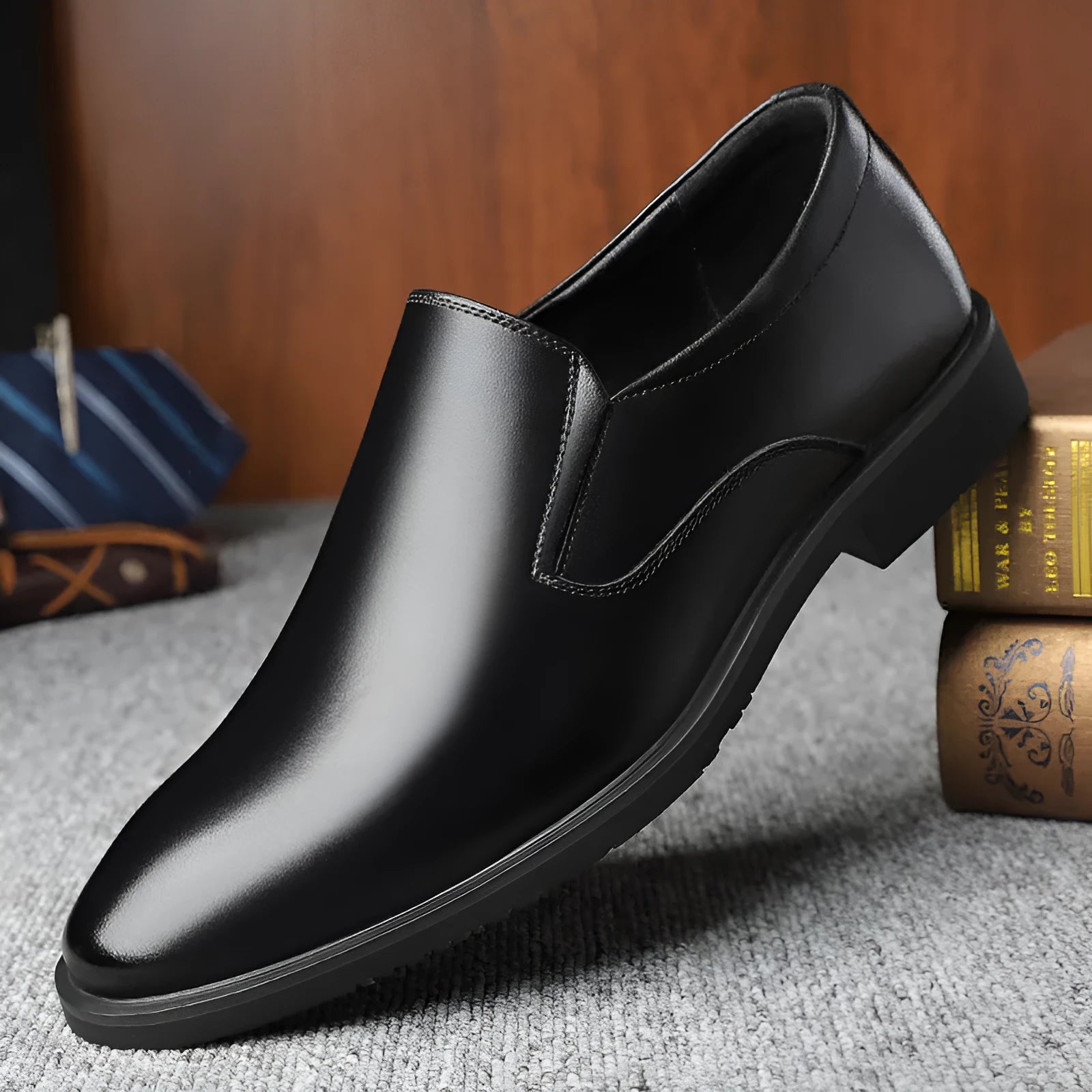 Men's black low top slip-on business casual leather shoes with rubber sole