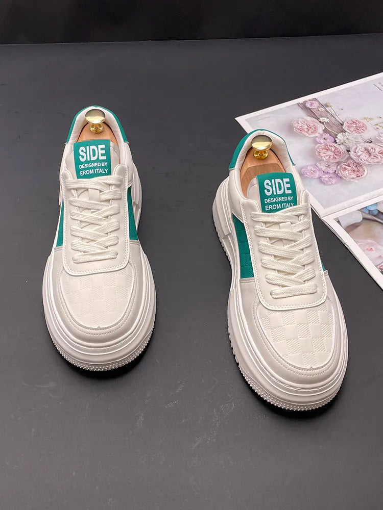 Unisex white casual sports shoes with green accents featuring cloth upper and rubber foam sole