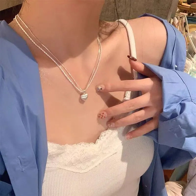 Double-layer brushed heart pendant necklace for women, white copper plated thick silver chain adjustable 41-50cm