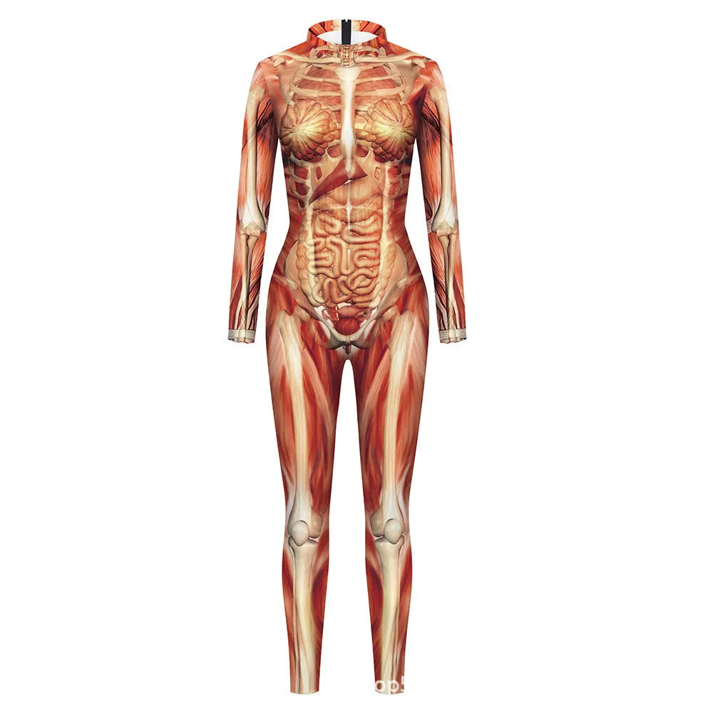Simulation skeleton one-piece tights in black B142-279 style, showing printed bone design on full body