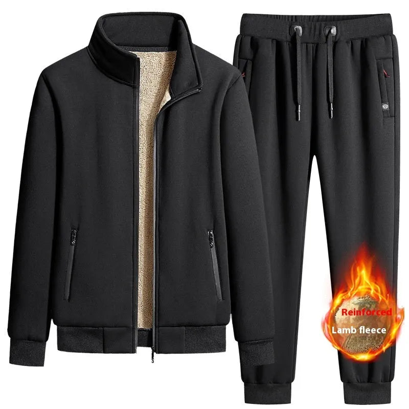 Men's cotton winter fleece set with long-sleeve coat and trousers, plus size, black drawstring style