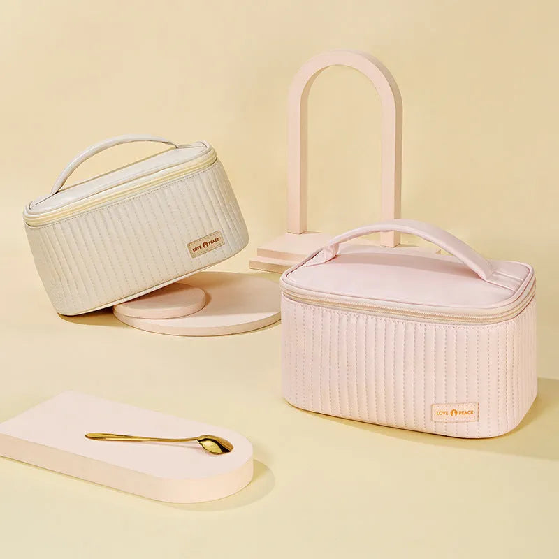 Rectangular open-top PU leather makeup bag in a solid colour