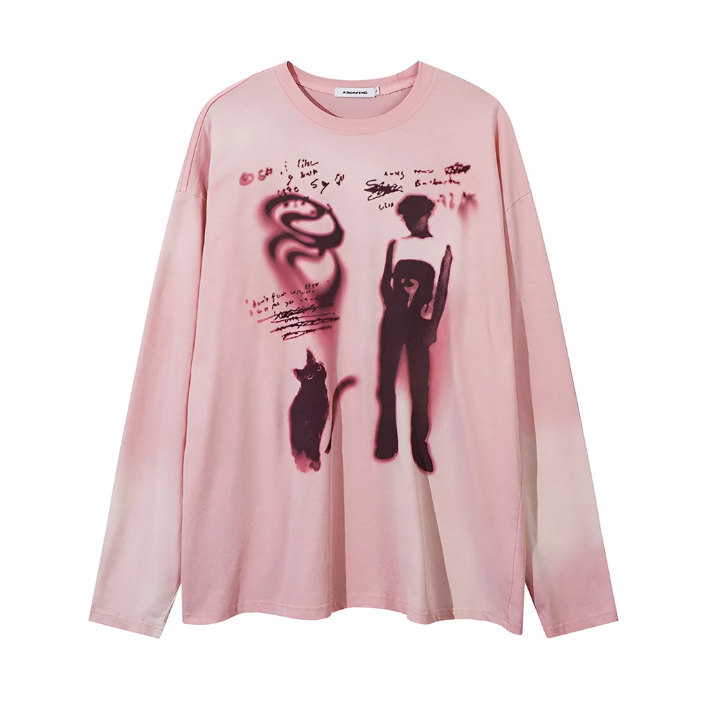 Women's loose grey pullover top with drop shoulders and letter pattern, long sleeves