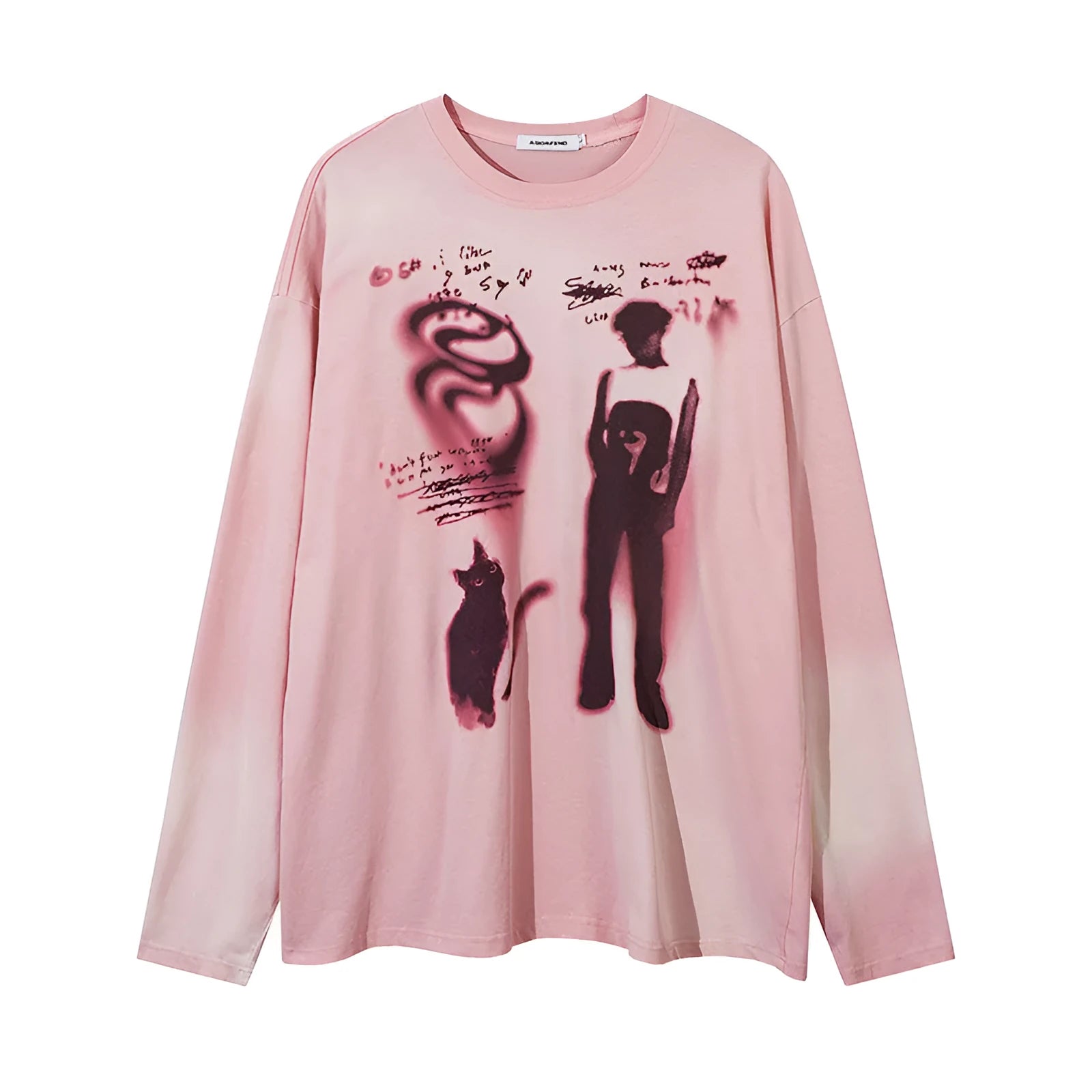 Women's loose grey pullover top with drop shoulders and letter pattern, long sleeves