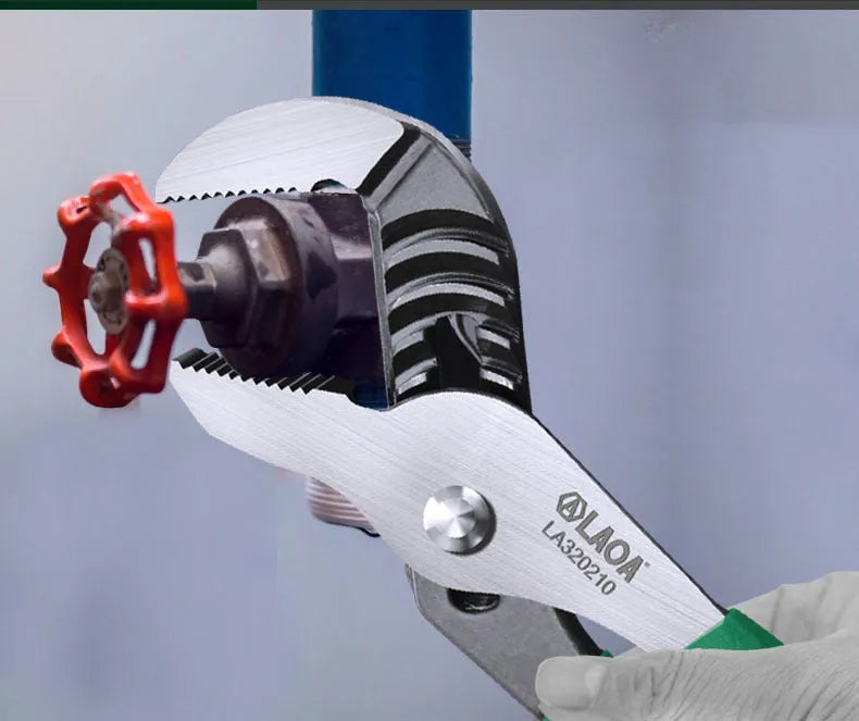 8 inch CR-V adjustable water pipe wrench with vinyl handle and deep teeth, open jaw showing multi-gear mechanism