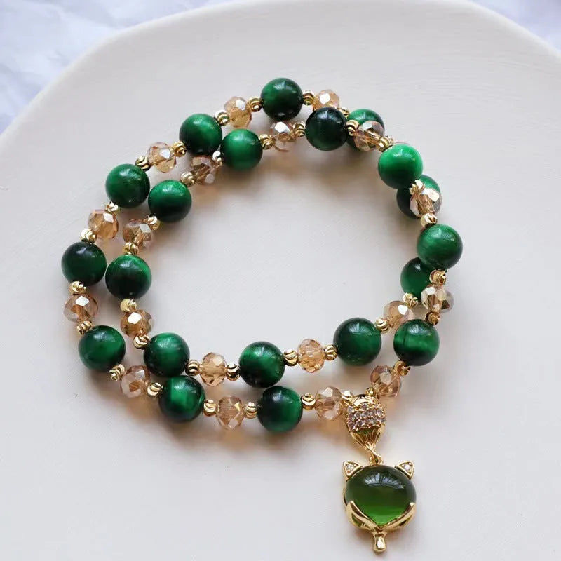 Handmade natural Tigereye stone crystal bracelet with double chain, rose red fox charm