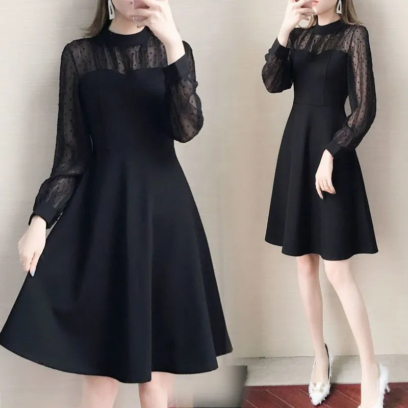 Black polyester lace long sleeve underdress in solid colour, regular sleeve type, for layering