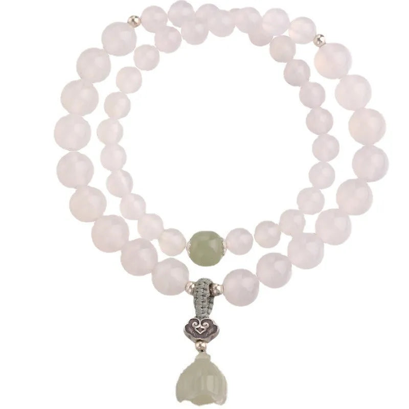 S925 silver bracelet with white agate and Hetian jade, lotus design, geometric national style for women