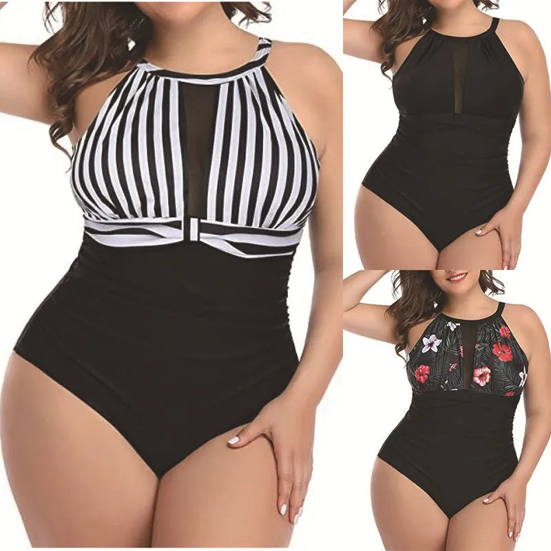 Women's black one-piece swimsuit with lace detailing, shown alongside red flower and striped pattern options.