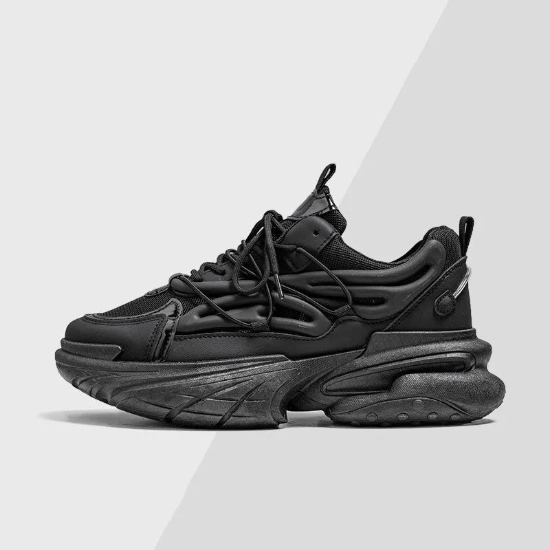 Men's breathable mesh surface sneaker with PU leather trim, low top platform, round toe, lace-up, black colour