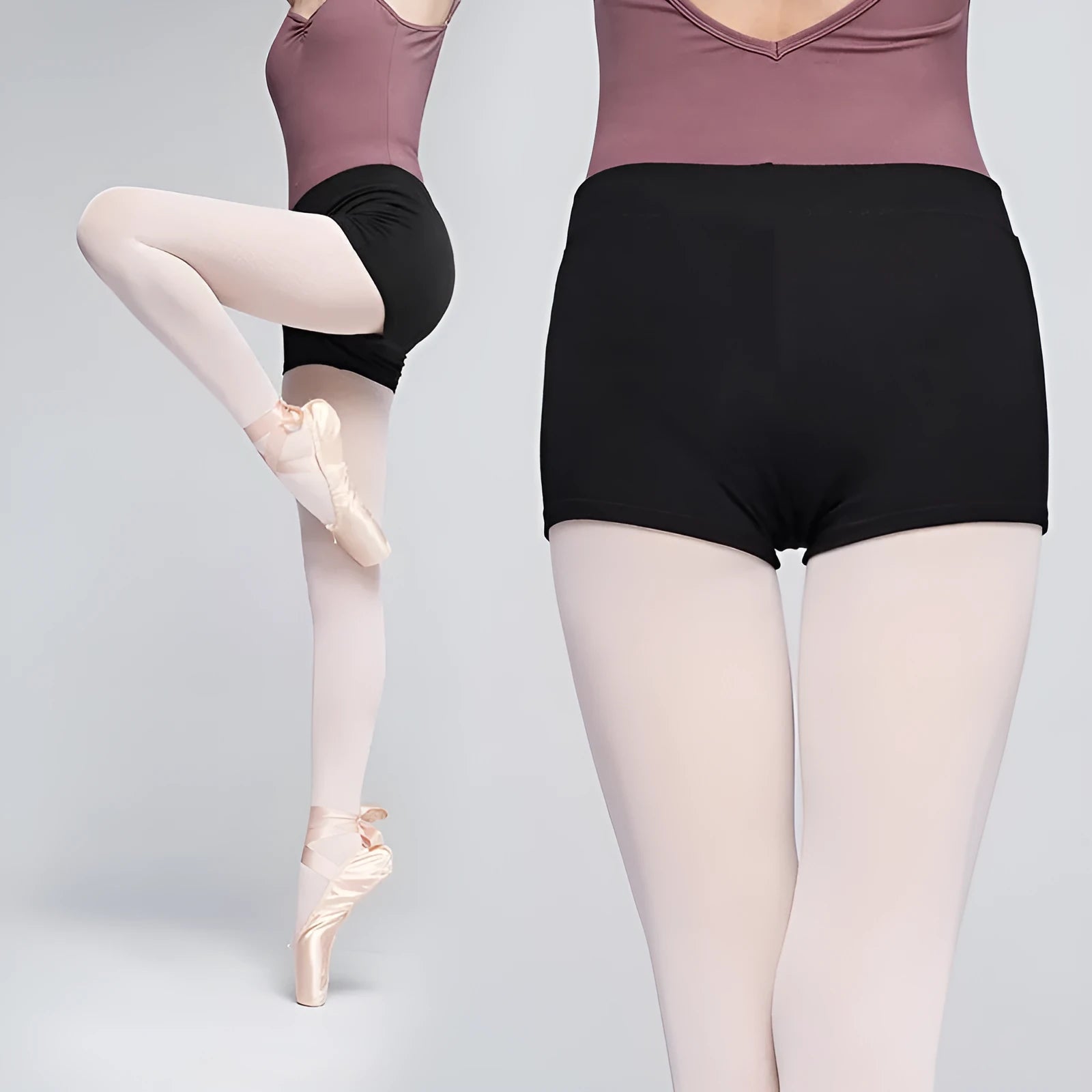 Black cotton women's ballet practice shorts laid flat, solid colour.