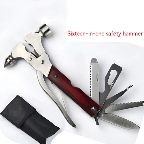 16-in-1 multi-functional car safety hammer made of solid steel with compact folded design and Oxford fabric carry bag
