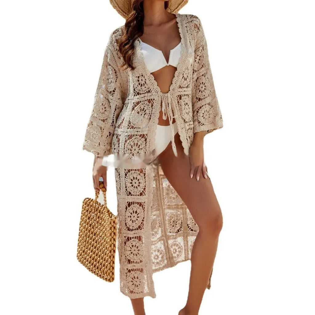 Loose apricot cotton embroidered long sleeved sun protection shirt for women, free size, beachwear