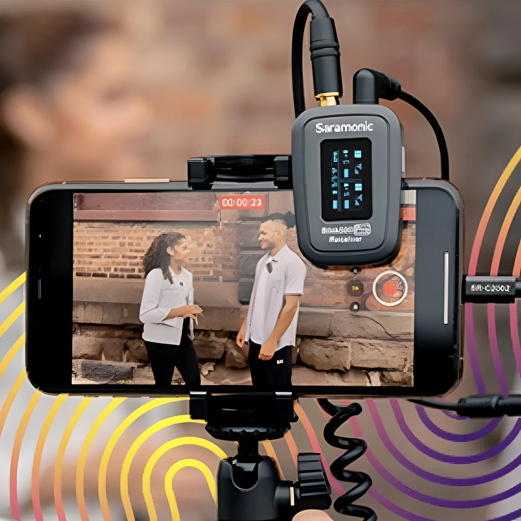 Little Bee wireless lapel clip microphone with 2.4GHz digital transmitter, OLED display, and clip attachment