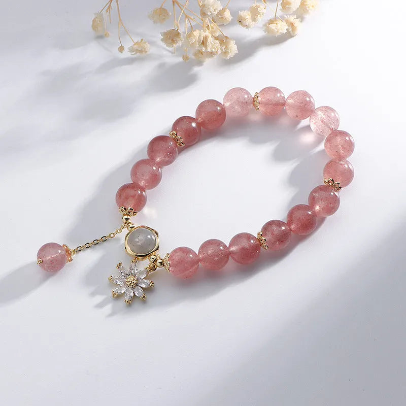 Natural strawberry quartz crystal bracelet with flower elements in Korean mori style