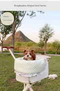 Removable pure cotton pet stroller set showing anti-dirty towel, cushion, and pillow in a floral pattern.