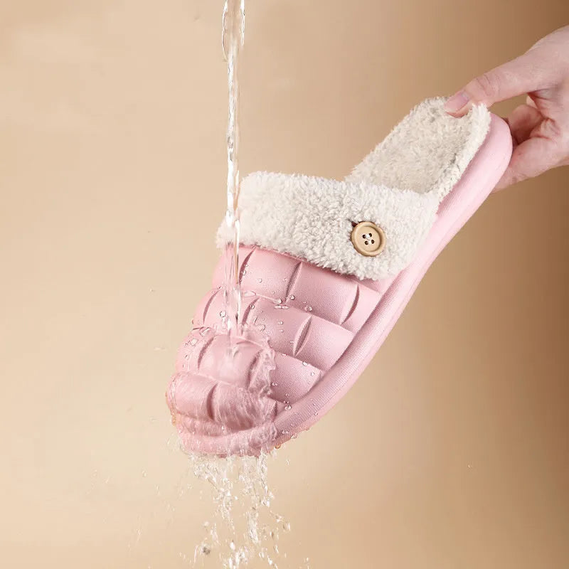 Plaid detachable EVA slippers for women with a plush lining and nonslip sole in pink, green, yellow, or white.