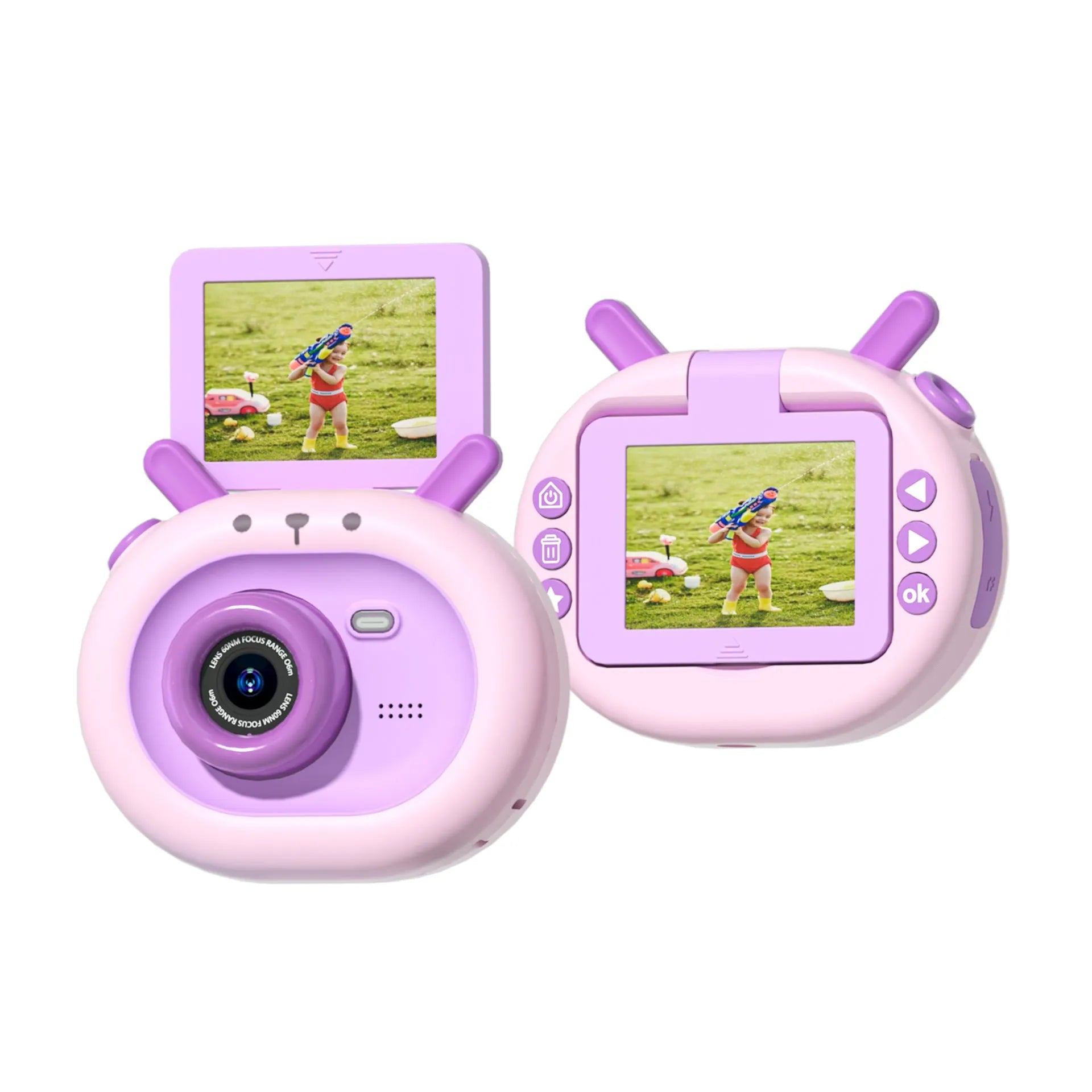 Dark green and purple children's digital camera with flip screen, silicone case, and lanyard.