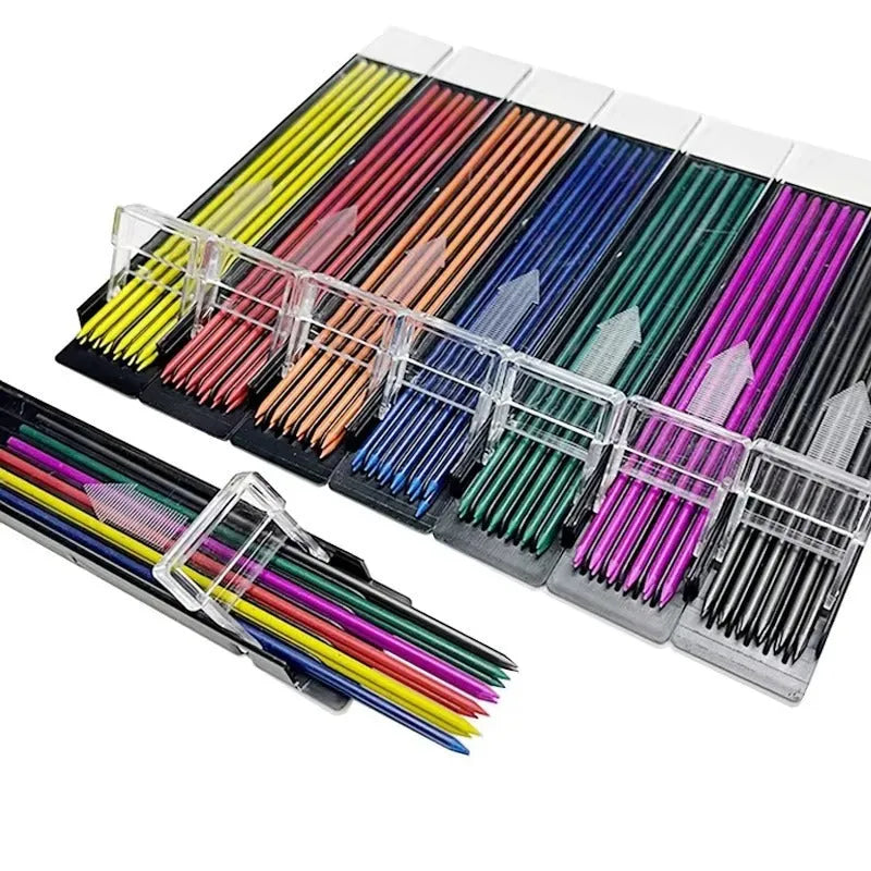 Box containing 12 coloured erasable mechanical pencil lead refills for drawing pens.