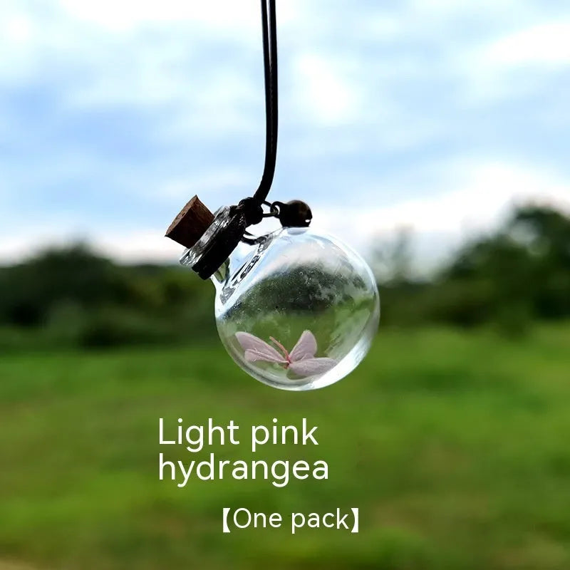 Glass fire extinguisher shaped pendant with preserved hydrangea flowers for car interior decoration