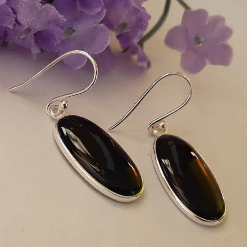 Black agate oval pendant earrings on 925 silver with geometry design