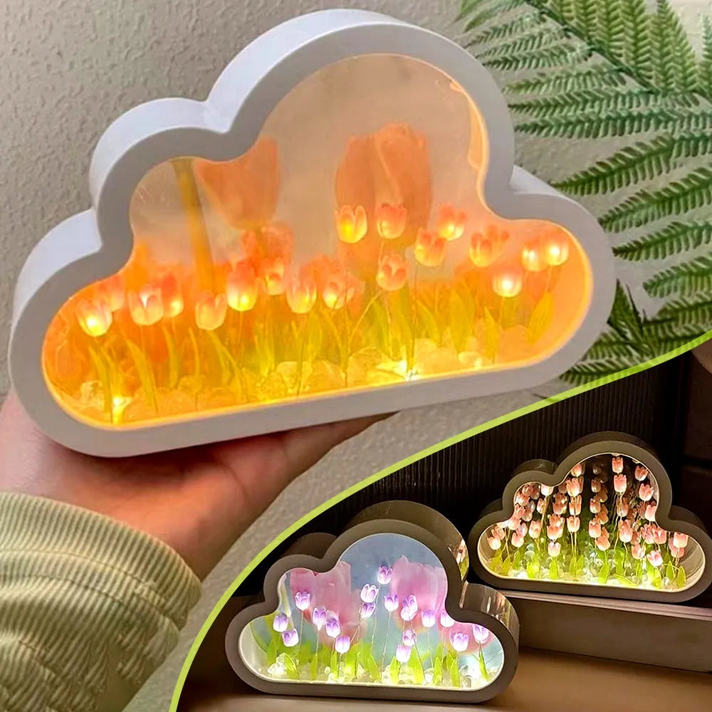 Tulip night lamp DIY kit with pink tulip LED light and mirror surface on a wooden desk