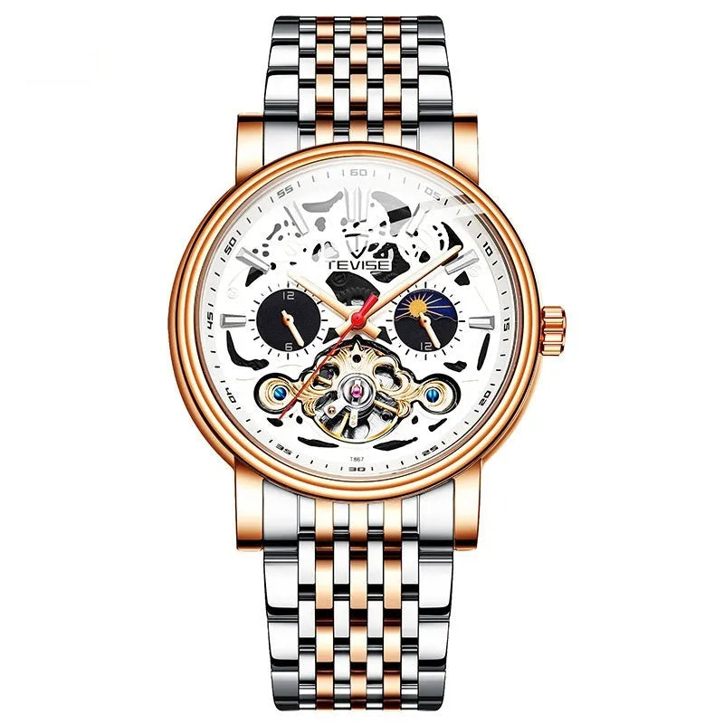 Men's black tourbillon skeleton watch with luminous hands on a leather strap.