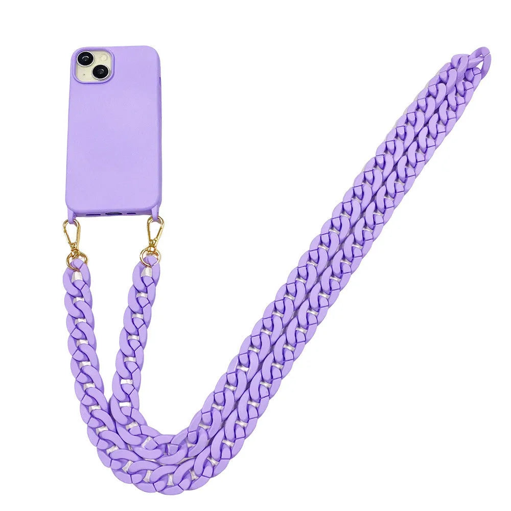 DIY frosted handle chain phone cover in liquid silicone for iPhone, available in pink shell colour